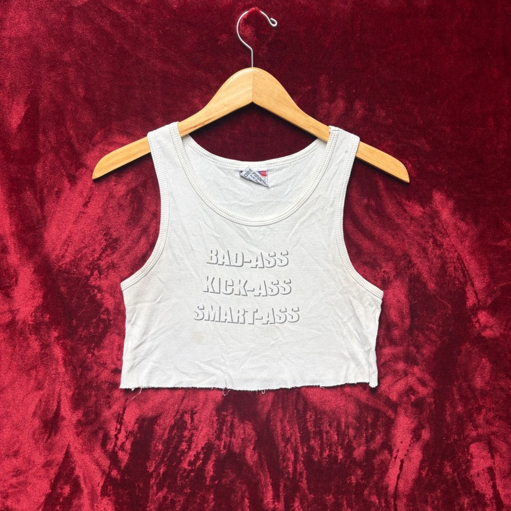 Bay Side White Graphic Ribbed Crop Tank Top Bad-Ass Kick-Ass Smart-Ass Small